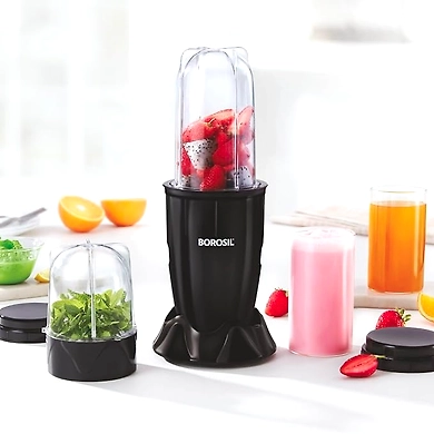 Borosil NutriFresh Portable Mini-Blender and Grinder, 500 ml Blending Jar, 300 ml Chutney Jar, for Mixing Smoothies and Chutneys, Dry Grinding Spices, Black, 400 W-1