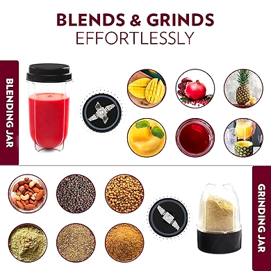 Borosil NutriFresh Portable Mini-Blender and Grinder, 500 ml Blending Jar, 300 ml Chutney Jar, for Mixing Smoothies and Chutneys, Dry Grinding Spices, Black, 400 W-2