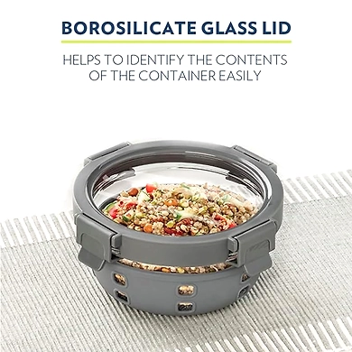 Borosil Klip-N-Store Plus 620 ml Glass Food Storage Container for Food Storage, with Air-Tight Glass Lid and Silicone Sleeve, Round, for Carrying Food and Microwave and Oven Safe-1