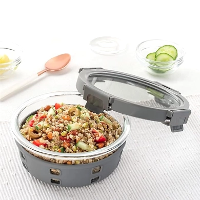 Borosil Klip-N-Store Plus 400ml Glass Food Storage Container for Food Storage, with Air-Tight Glass Lid and Silicone Sleeve, Round, for Carrying Food and Microwave and Oven Safe-8901309230544