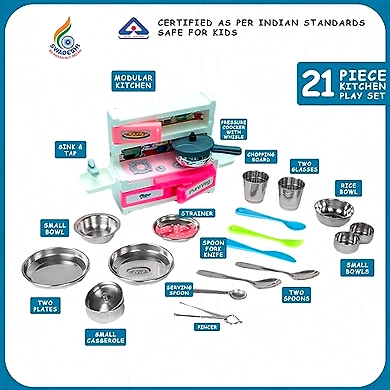 Sunny 21 Pieces Pure Veg Jumbo Kitchen Play Set with Plastic Kitchen Stand &amp; Stainless Steel Utensils | A Perfect Role Play Kitchen Set Toys | Certified as per is 9873, Safe &amp; Durable for Kids-1