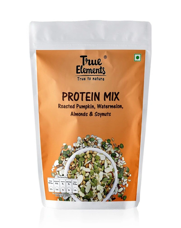 TRUE ELEMENTS PROTEIN MIX,ROASTED PUMPKIN WATERMELON ALMONDS AND SOYA NUTS, VEG PROTEIN SEEDS 500GM-8906112661271