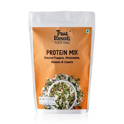 TRUE ELEMENTS PROTEIN MIX,ROASTED PUMPKIN WATERMELON ALMONDS AND SOYA NUTS, VEG PROTEIN SEEDS 500GM