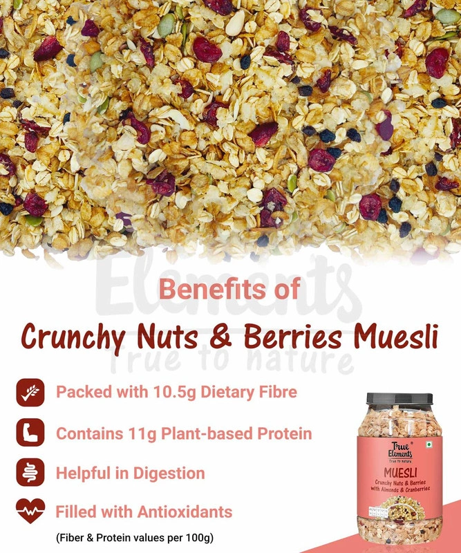 TRUE ELEMENTS CRUNCHY NUTS &amp; BERRIES MUESLI, WITH ALMONDS AND CRANBERRIES 1KG-1 KG-2