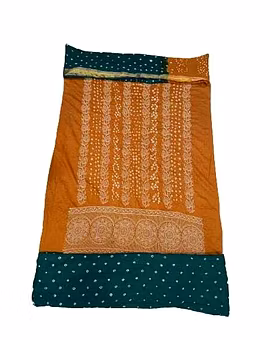 Rust And Green Color Cotton Satin Bandhani Dress