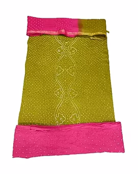 Mahendi And Pink Color Cotton Satin Bandhani Dress