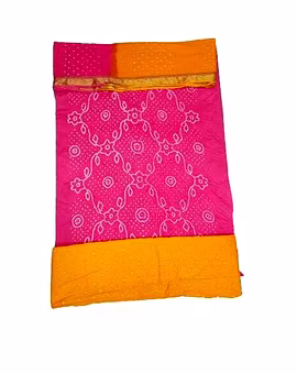 Pink And Golden Color Cotton Satin Bandhani Dress