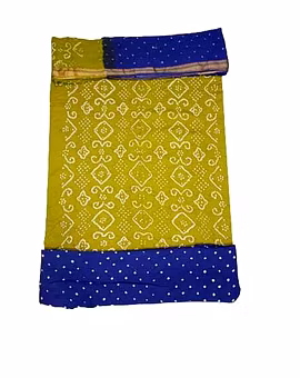 Mahendi And Blue Color Cotton Satin Bandhani Dress