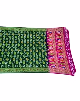 Green & Pink Dupion Silk Bandhani Saree