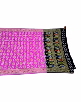 Pink & Blue Dupion Silk Bandhani Saree
