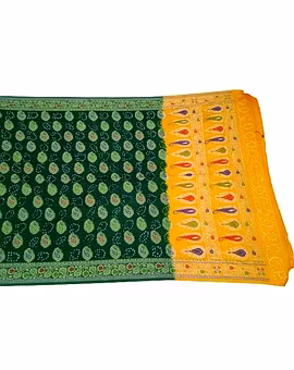 Green & Yellow Dupion Silk Bandhani Saree