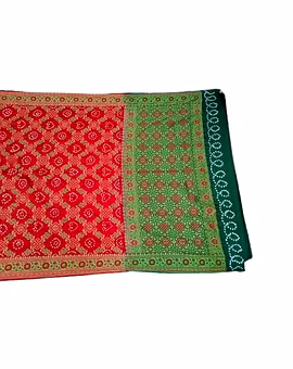 Red & Green Dupion Silk Bandhani Saree