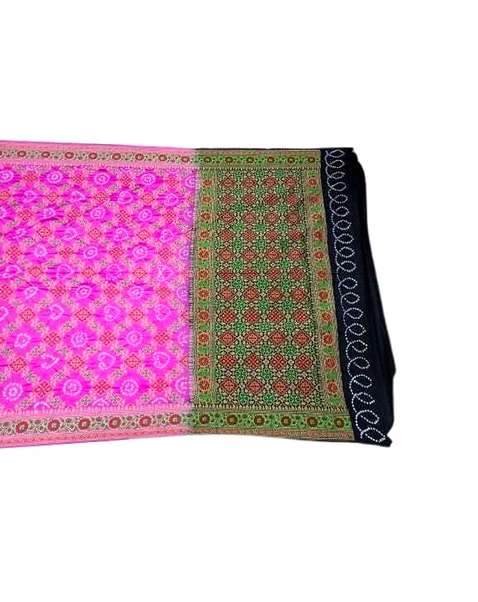 Pink &amp; Black Dupion Silk Bandhani Saree-KSA6X-90300