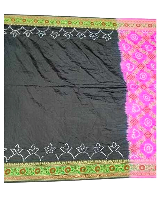Pink &amp; Black Dupion Silk Bandhani Saree-1