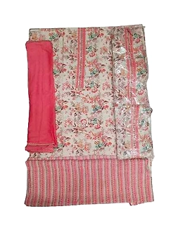 Cream & Peach Color Cotton Printed Dress Material