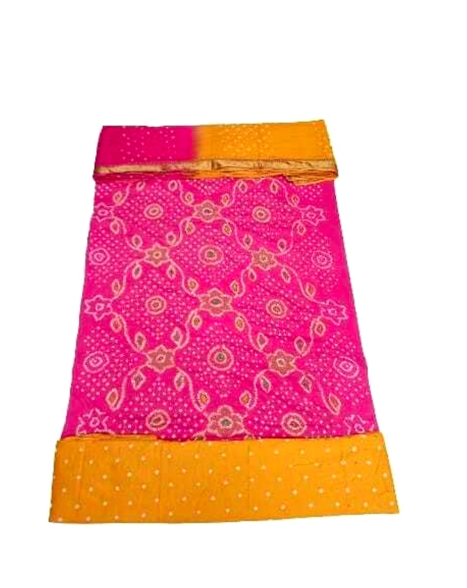 Pink &amp; Golden Cotton Satin With Work Bandhani Dress-KSB2XI-9528