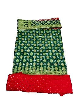 Green & Red Color Dupion Silk Bandhani Dress