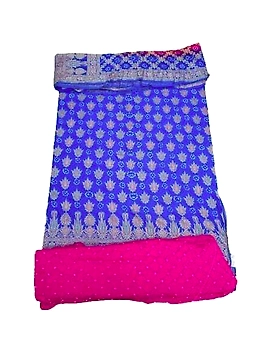 Blue & Pink Color Dupion Silk Bandhani Dress