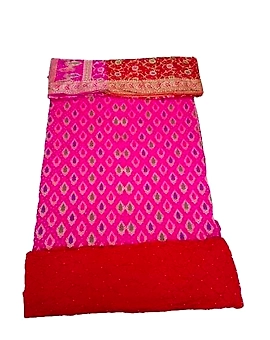 Pink & Red Color Dupion Silk Bandhani Dress