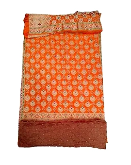 Saffron & Chiku Color Dupion Silk Bandhani Dress