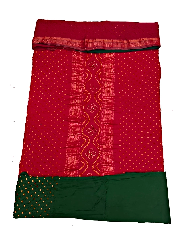 Bandhani Dress Red And Green Color Fancy Design Cotton Satin Dress Material-KSB2X-11917