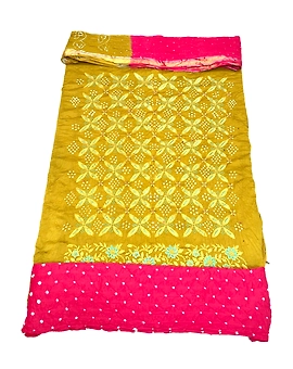 Lemmon & Red Color Cotton Satin Bandhani Dress Material