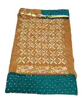 Chocolate & Rama Color Cotton Satin Bandhani Dress Material