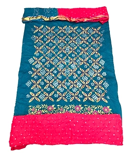 Rama & Red Color Cotton Satin Bandhani Dress Material