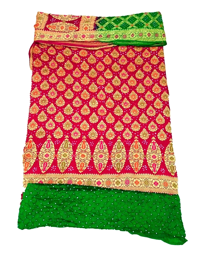 Magenta &amp; Green Color Dupion Silk Bandhani Dress-KSB6X-10084