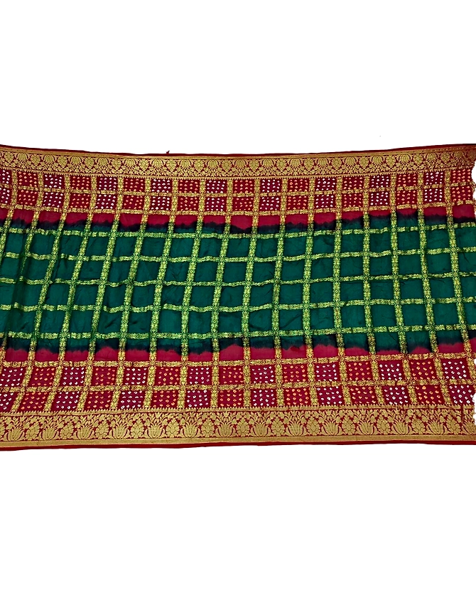 Green &amp; Red Color Art Silk Bandhani Saree-1
