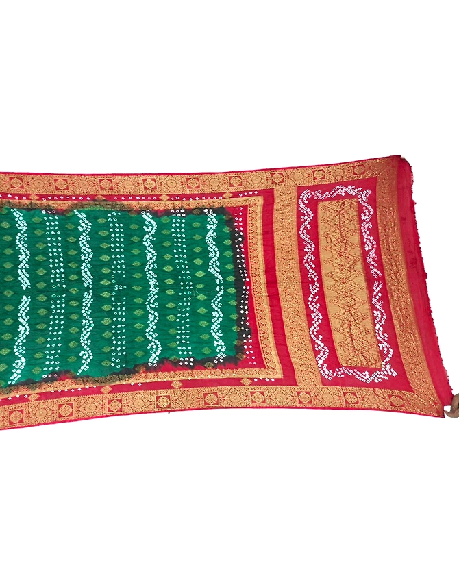 Green &amp; Red Color Art Silk Bandhani Saree-1