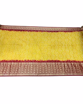 Yellow & Red Shaded Color Dupion Silk Bandhani Saree