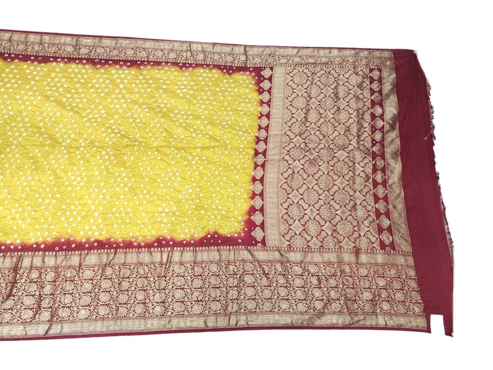 Yellow &amp; Red Shaded Color Dupion Silk Bandhani Saree-2