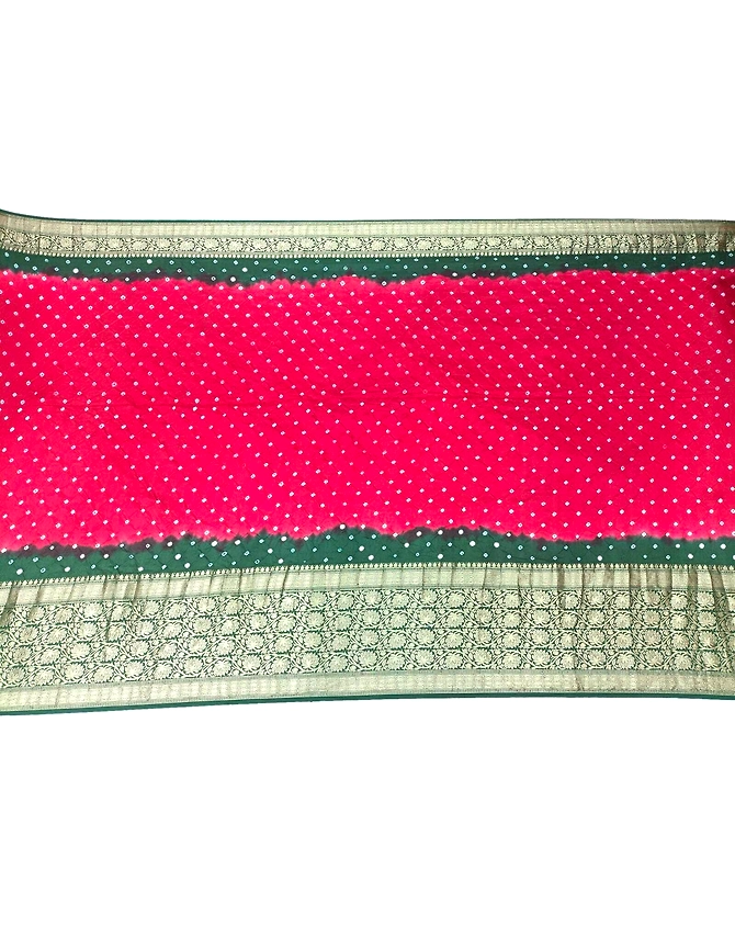 Red &amp; Green Shaded Color Dupion Silk Bandhani Saree-KSA6X-9923