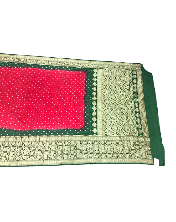 Red &amp; Green Shaded Color Dupion Silk Bandhani Saree-1