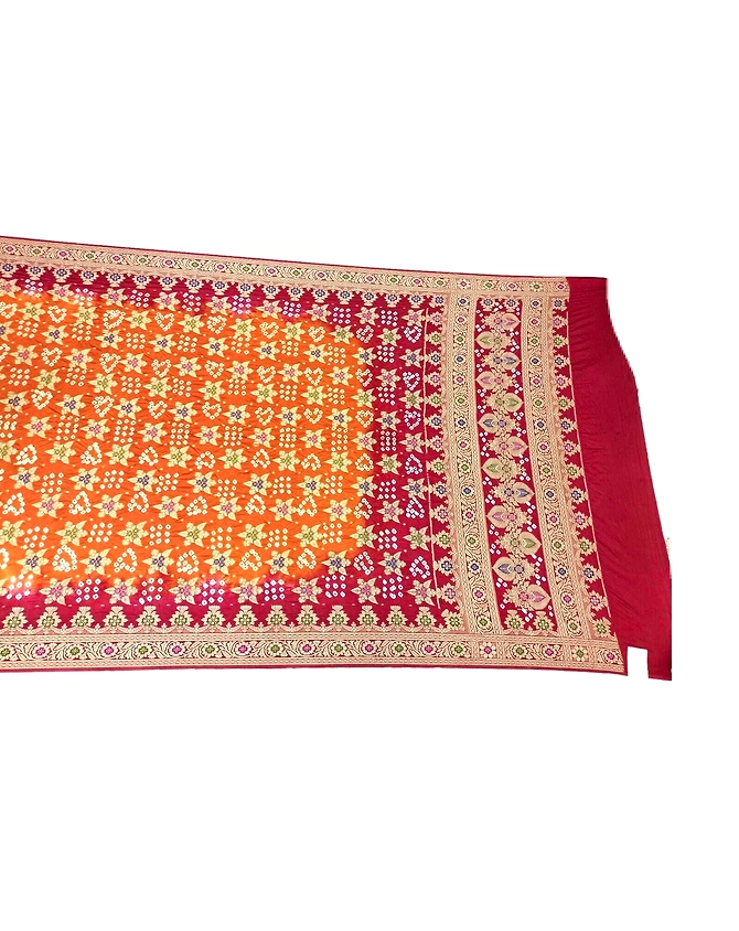 Rust &amp; Red Color Dupion Silk Bandhani Saree-2