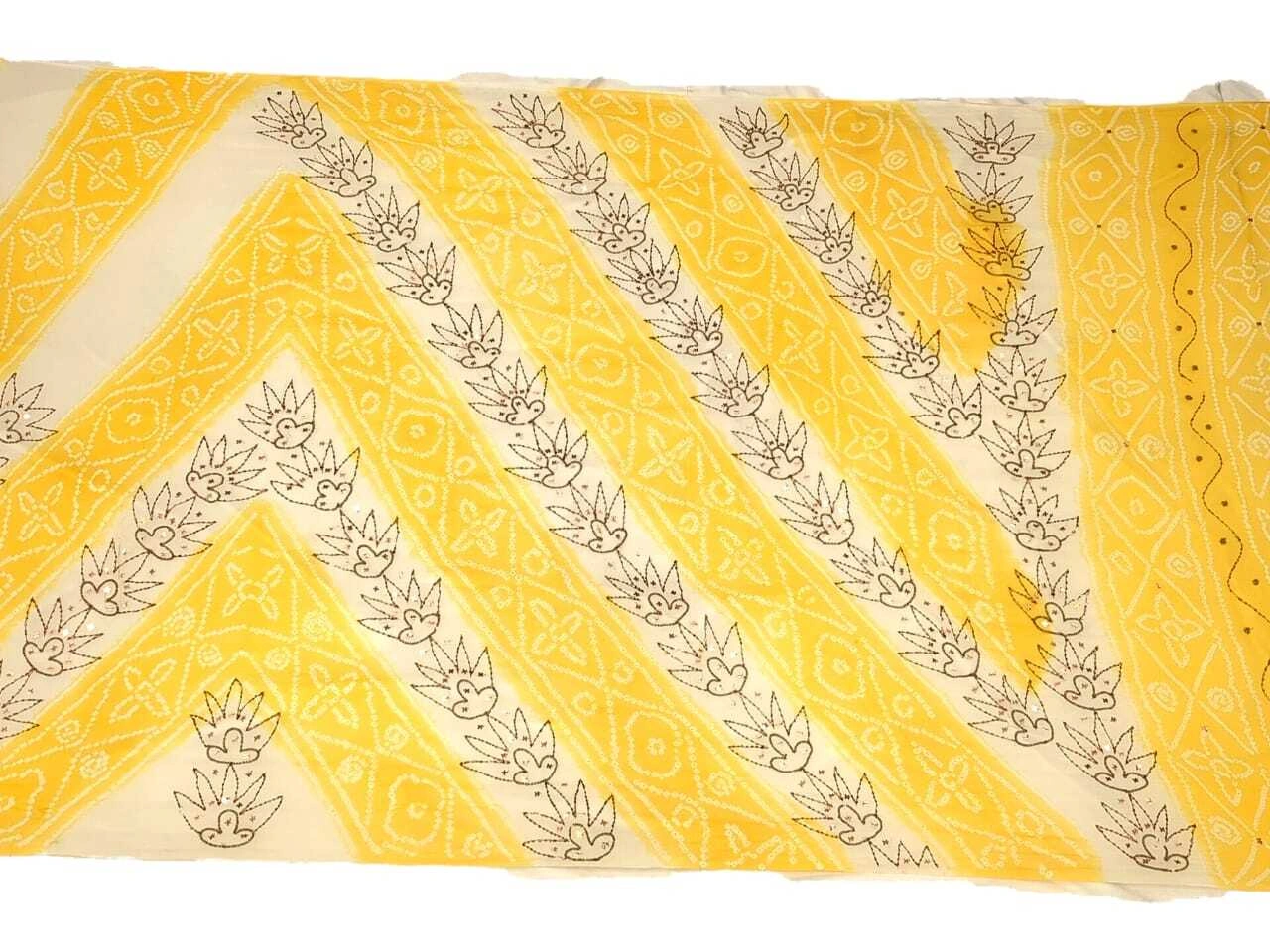 Yellow &amp; White Color Hand Work Banarasi Georgette Bandhani Saree-1