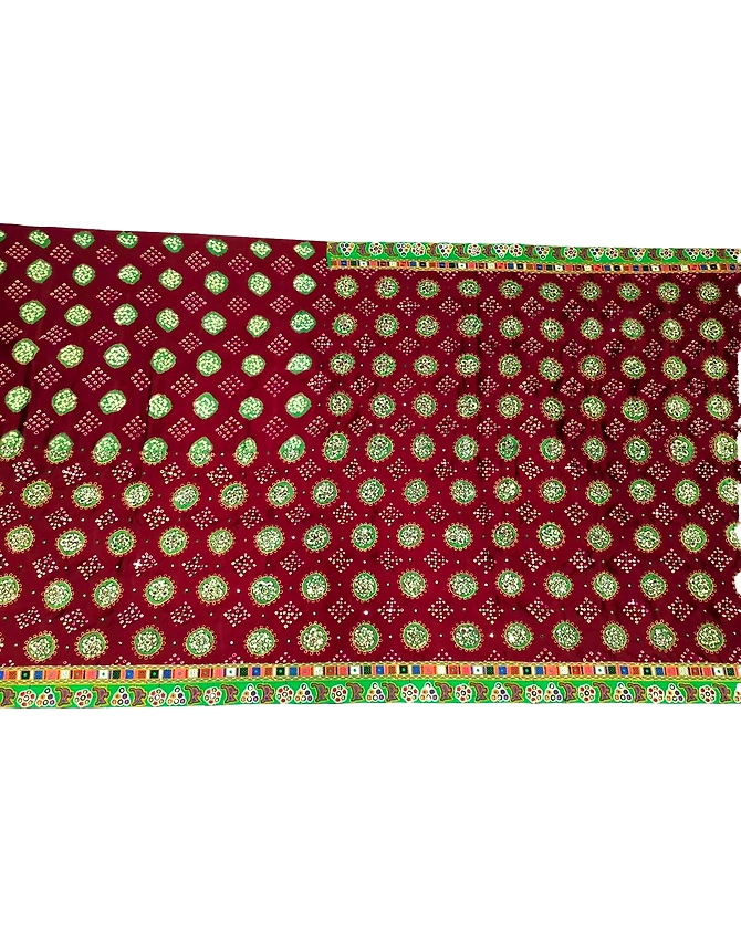 Maroon &amp; Mahendi Color Hand Work Pure Gaji Silk Bandhani Saree-1