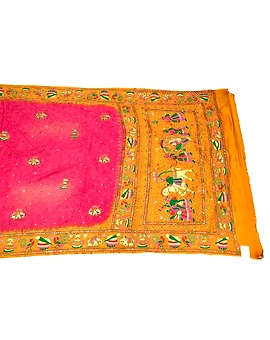 Peach & Rust  Color Hand Work Pure Gaji Silk Bandhani Saree