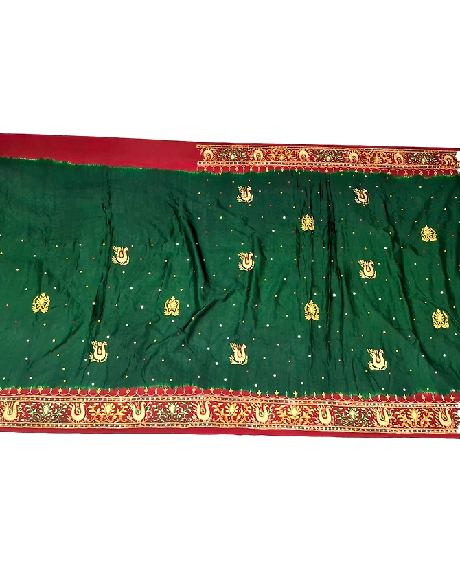 Maroon &amp; Green Color Hand Work Banarasi Georgete Bandhani Saree-1