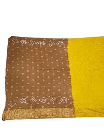 Chiku &amp; Golden Color Cotton Satin Bandhani Saree-1