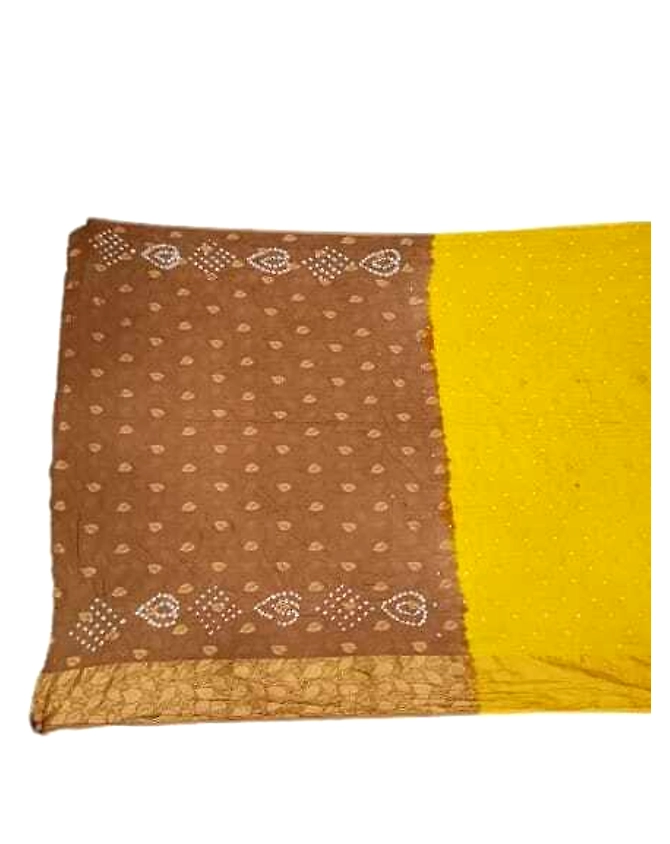 Chiku &amp; Golden Color Cotton Satin Bandhani Saree-1