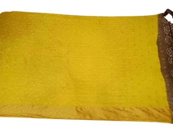 Chiku &amp; Golden Color Cotton Satin Bandhani Saree-2