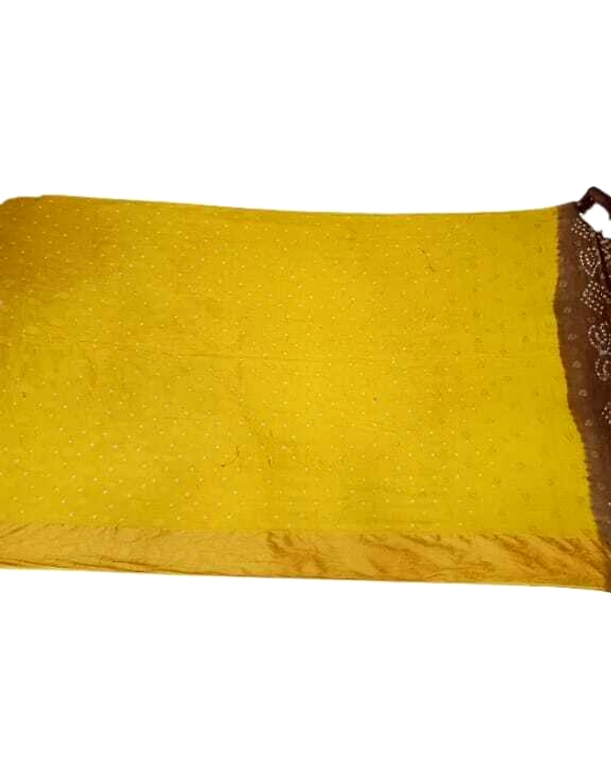 Chiku &amp; Golden Color Cotton Satin Bandhani Saree-2
