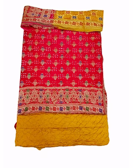 Peach & Golden Color Dupion Silk Bandhani Dress