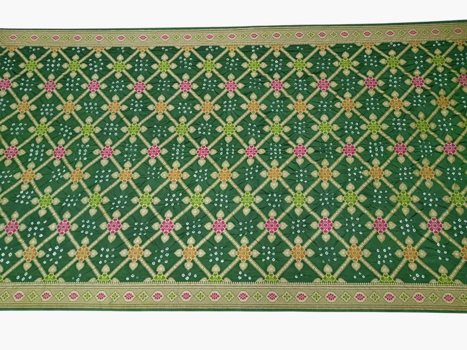 All Over Green Color Dupion Silk Bandhani Saree-2