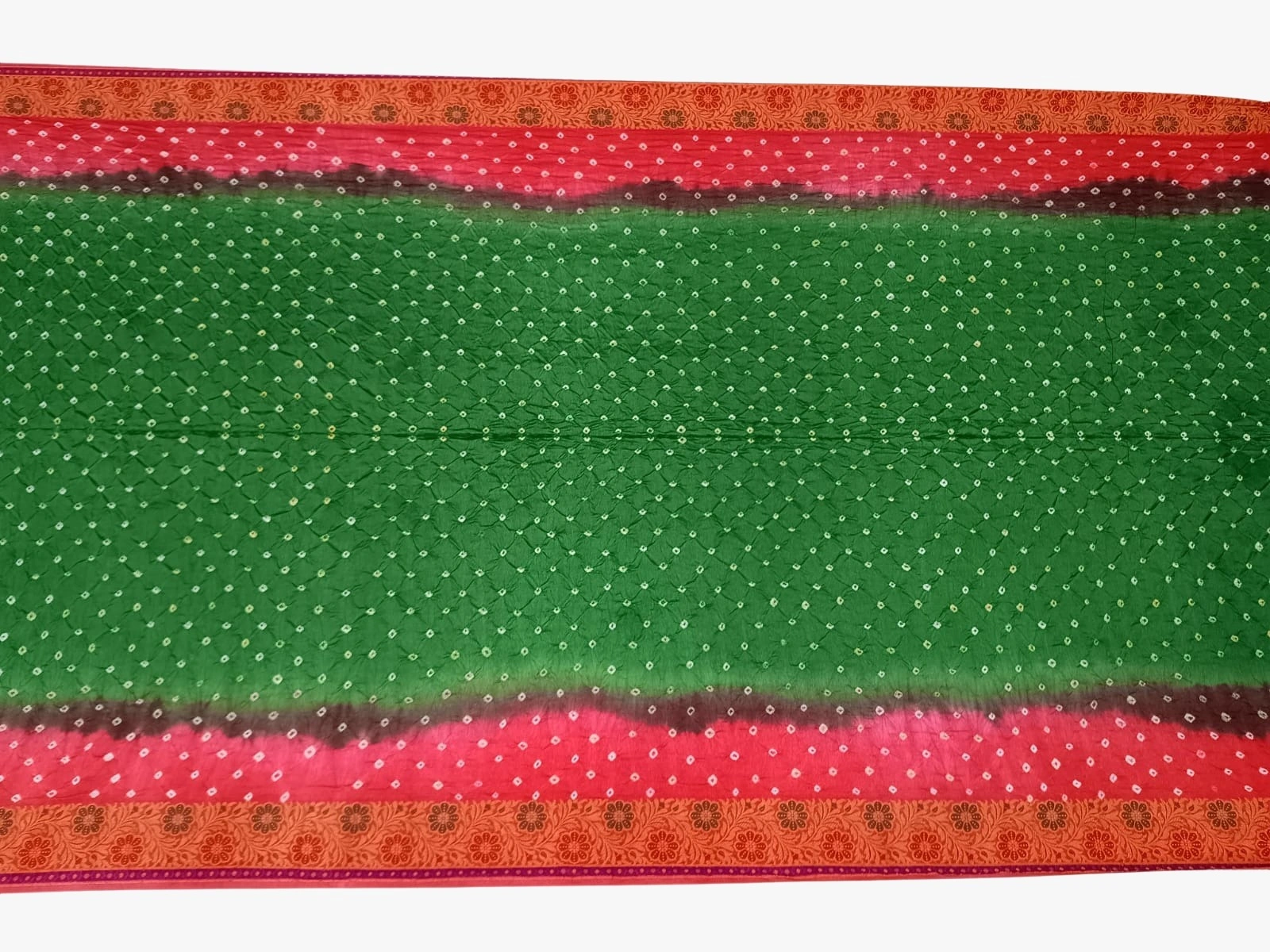 Green &amp; Red Color Dupion Silk Bandhani Saree-2