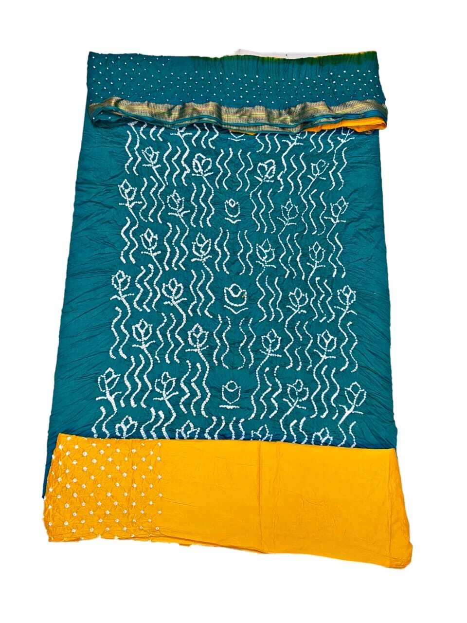 Sea Green &amp; Yellow Color Cotton Satin Bandhani Dress-1