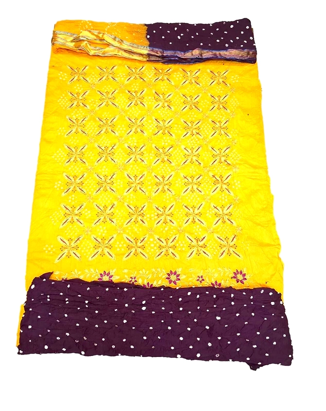 Yellow &amp; Magenta Color Cotton Satin Bandhani Dress Material-1