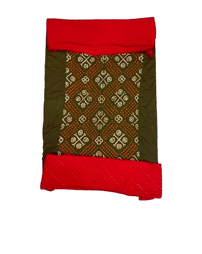 Mahendi &amp; Red Color Cotton Satin Bandhani Dress Material-1